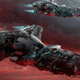 Spaceships fly through red clouds in Starfield concept art.